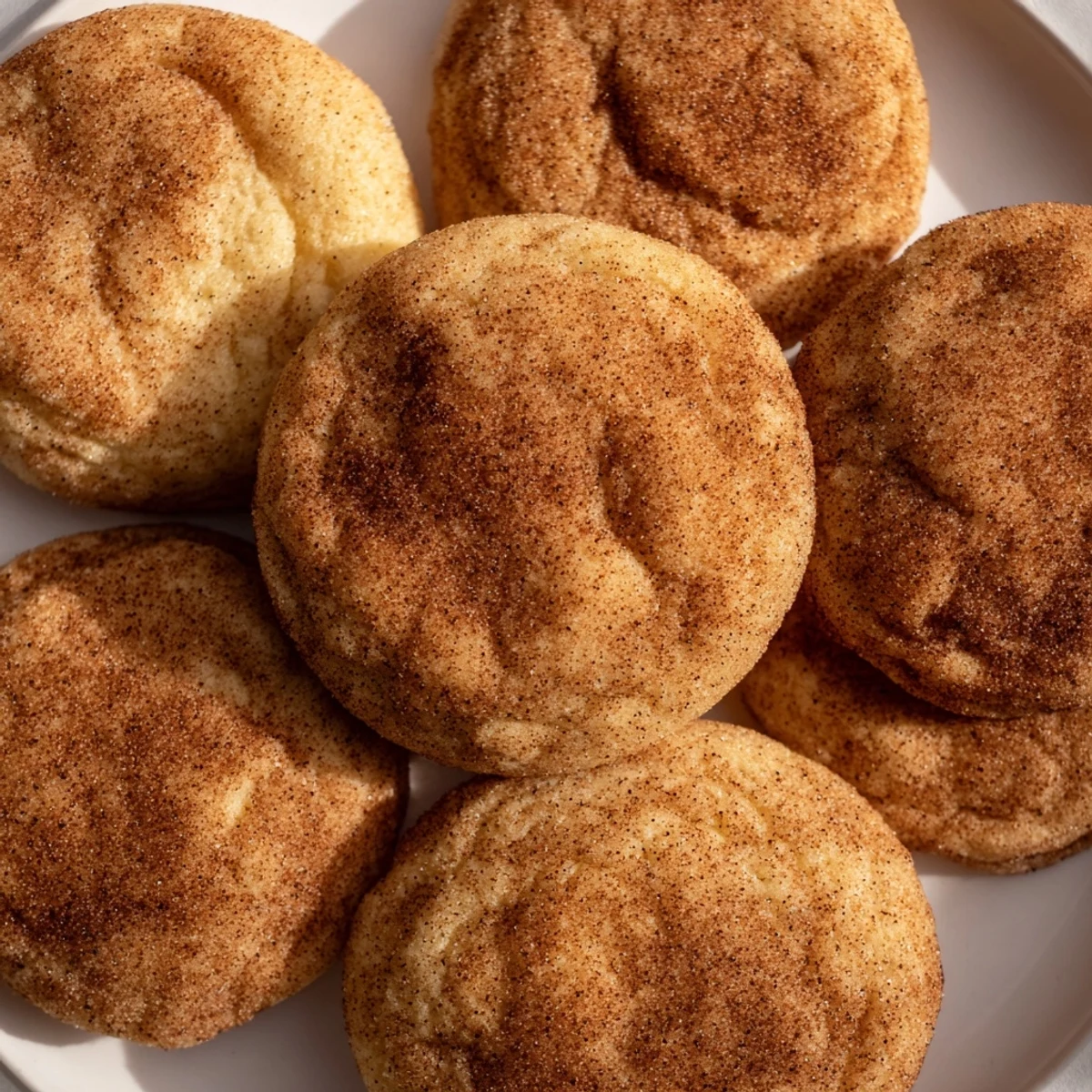 Freshly baked snickerdoodle cookies stacked on a wooden board with visible cinnamon sugar coating