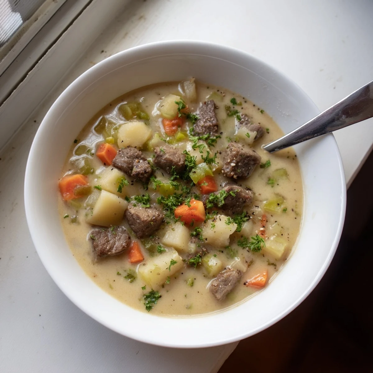 Hearty creamy smoky beef and potato soup with tender beef cubes and diced vegetables
