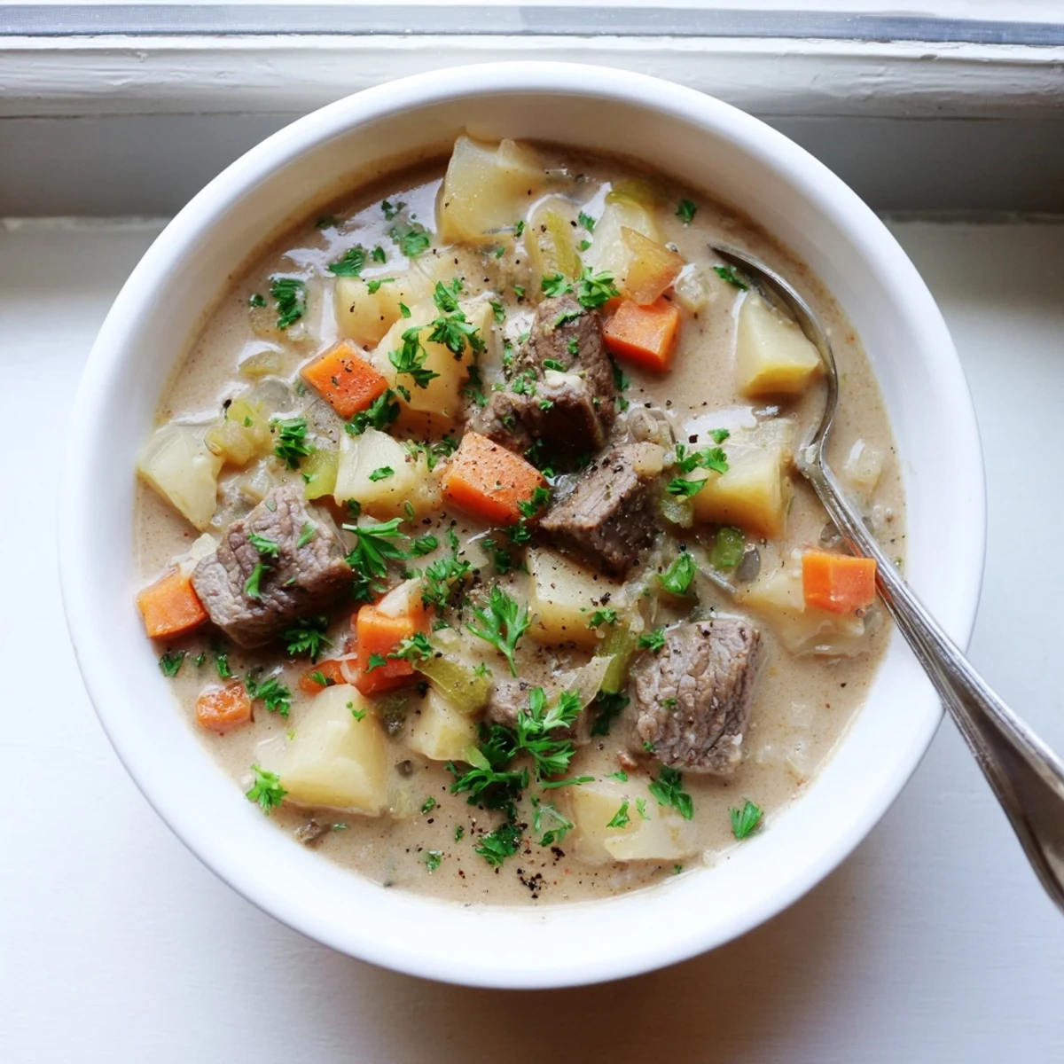 Steaming bowl of creamy smoky beef and potato soup garnished with fresh parsley