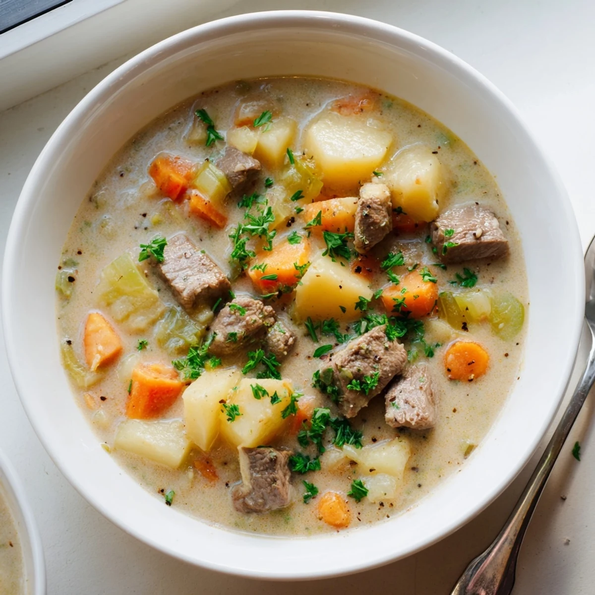 Rich creamy smoky beef and potato soup served in rustic bowl with bacon topping