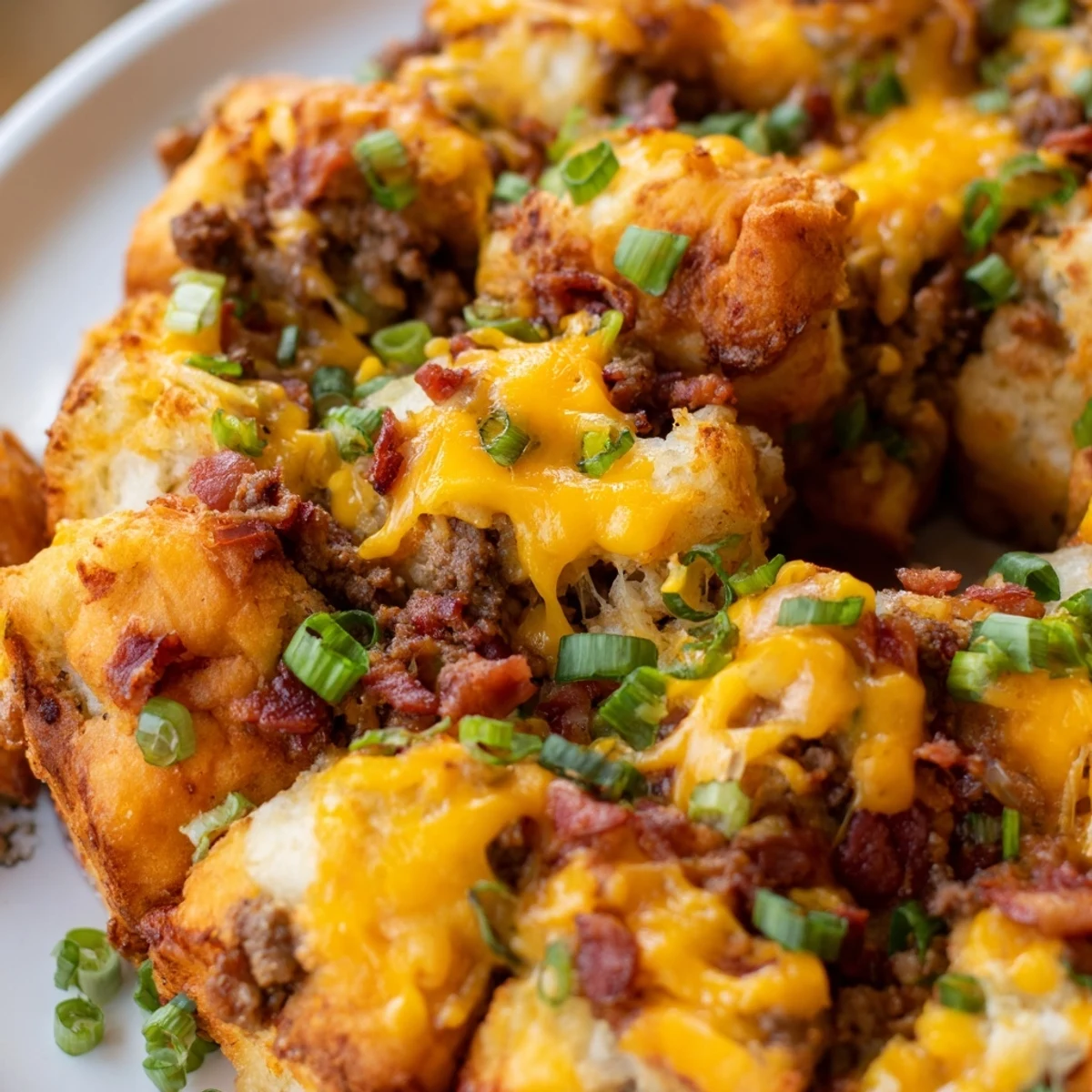 Pull-apart cheesy beef bacon ranch monkey bread served warm with crispy bacon bits and fresh herbs