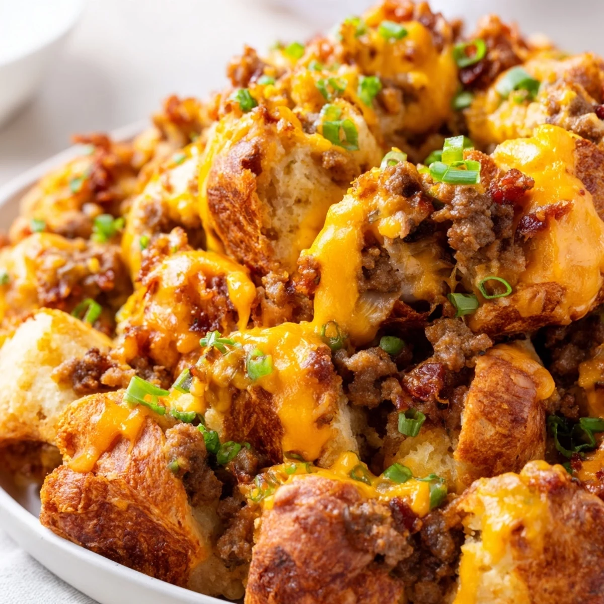 Golden brown cheesy beef bacon ranch monkey bread with melted cheddar and savory ground beef chunks