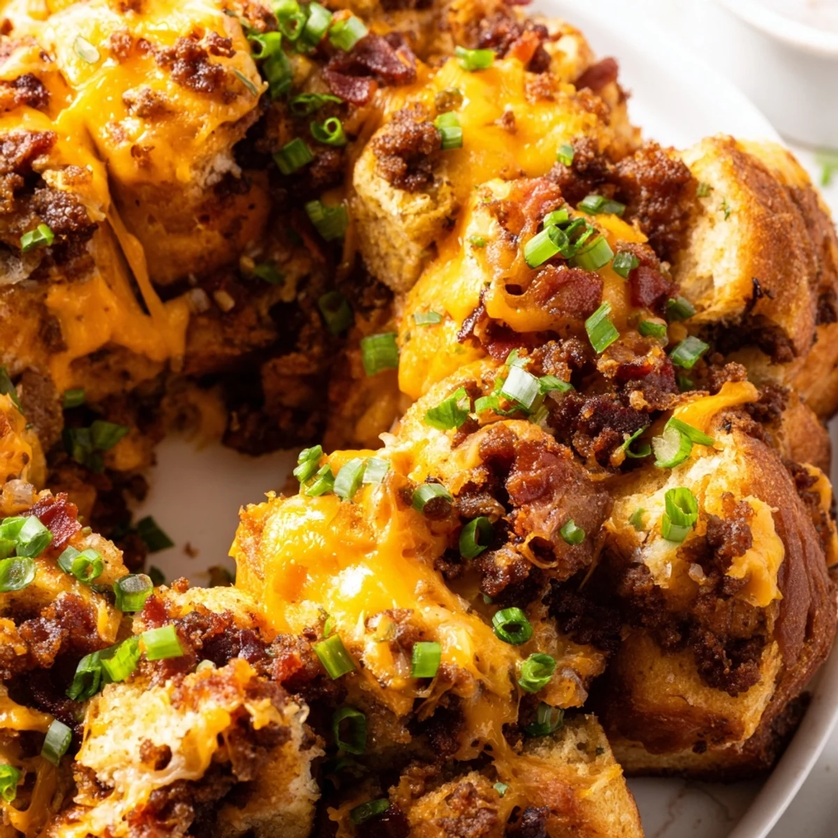 Savory monkey bread loaded with seasoned beef ranch flavor and melted cheese in a bundt pan shape