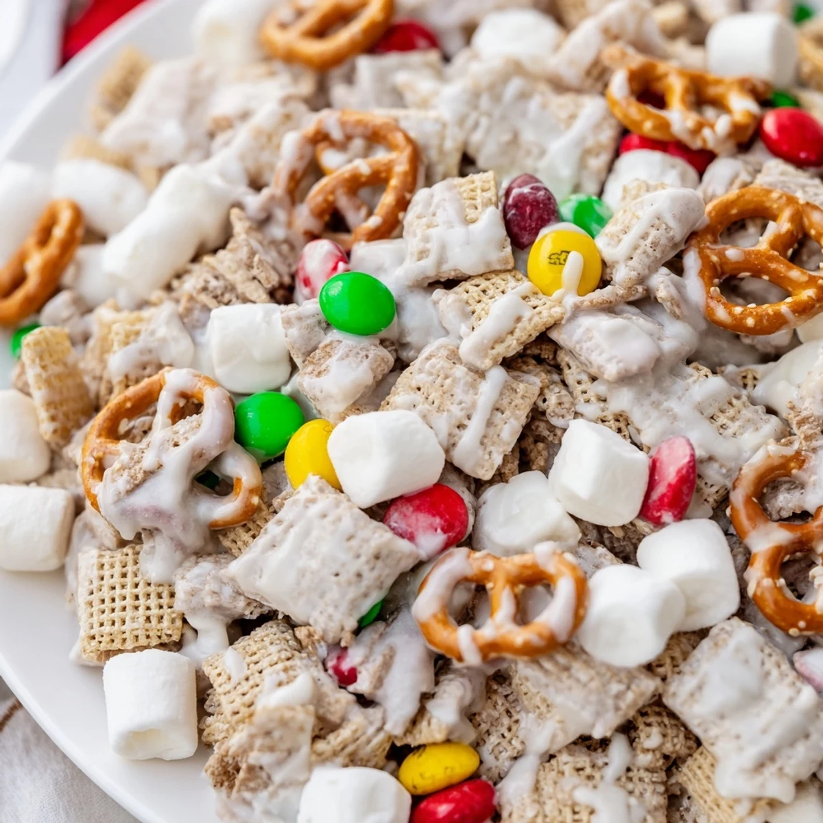 Festive Reindeer Food sweet snack mix with white chocolate coated cereal and holiday candies on a rustic wooden board