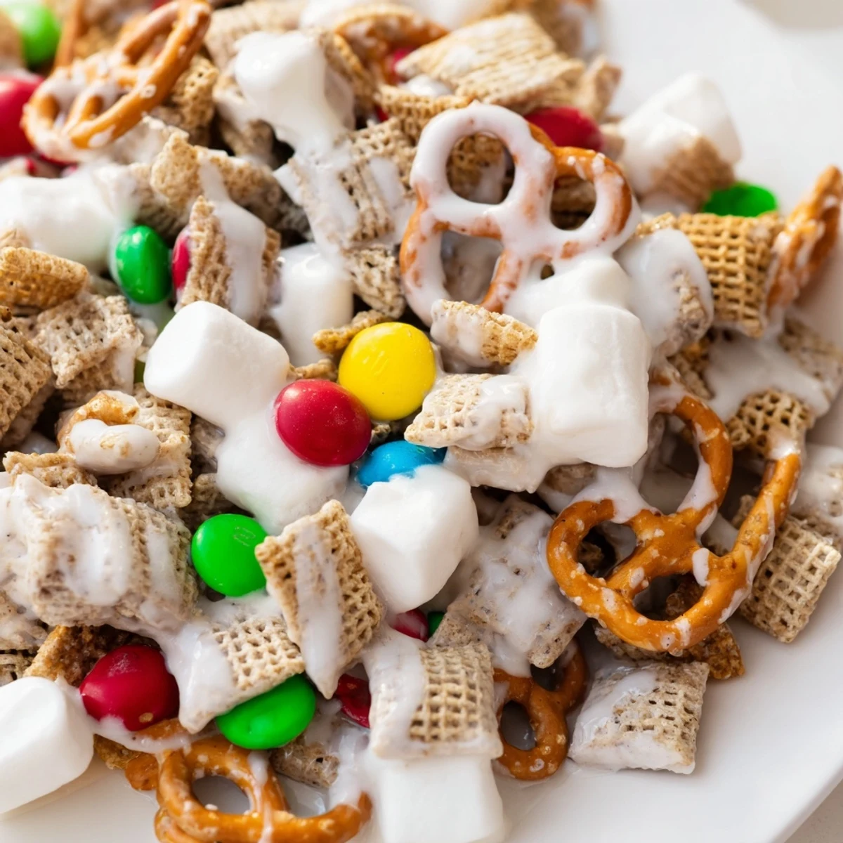 Colorful Christmas Reindeer Food snack mix featuring crunchy pretzels, marshmallows, and red green candies in a white bowl