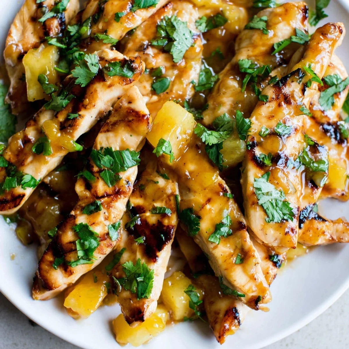 Golden grilled chicken breasts glazed with sweet mango pineapple marinade and fresh cilantro garnish