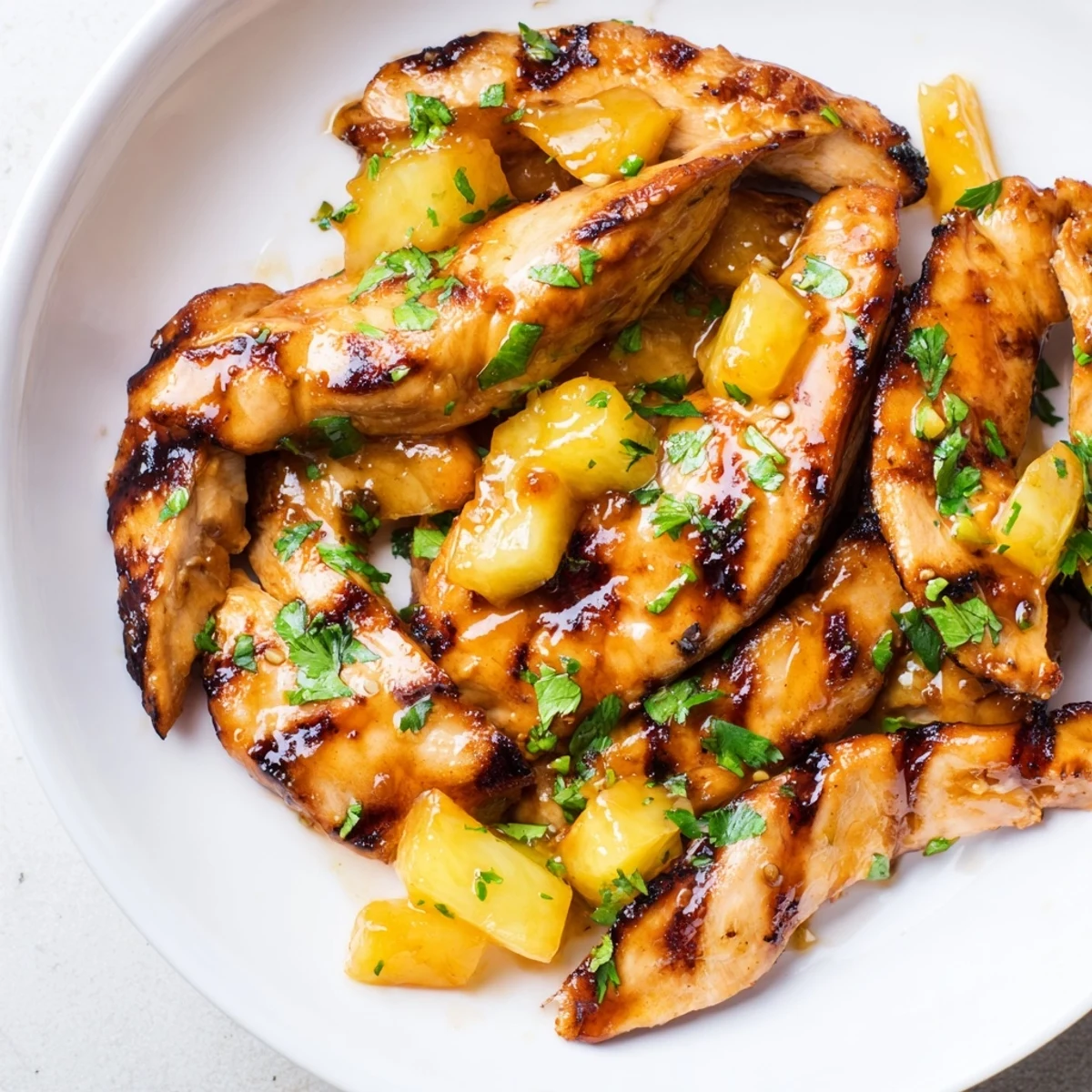 Tropical grilled mango pineapple chicken recipe served with lime wedges and juicy fruit chunks