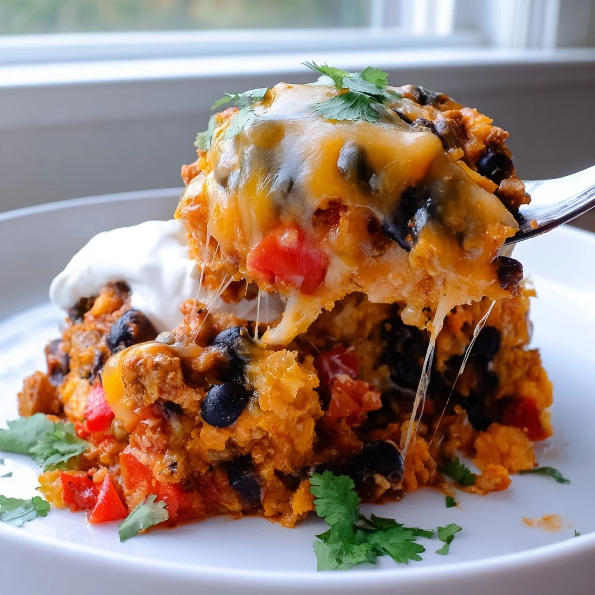 Golden bubbling sweet potato turkey black bean bake topped with melted cheese and fresh cilantro