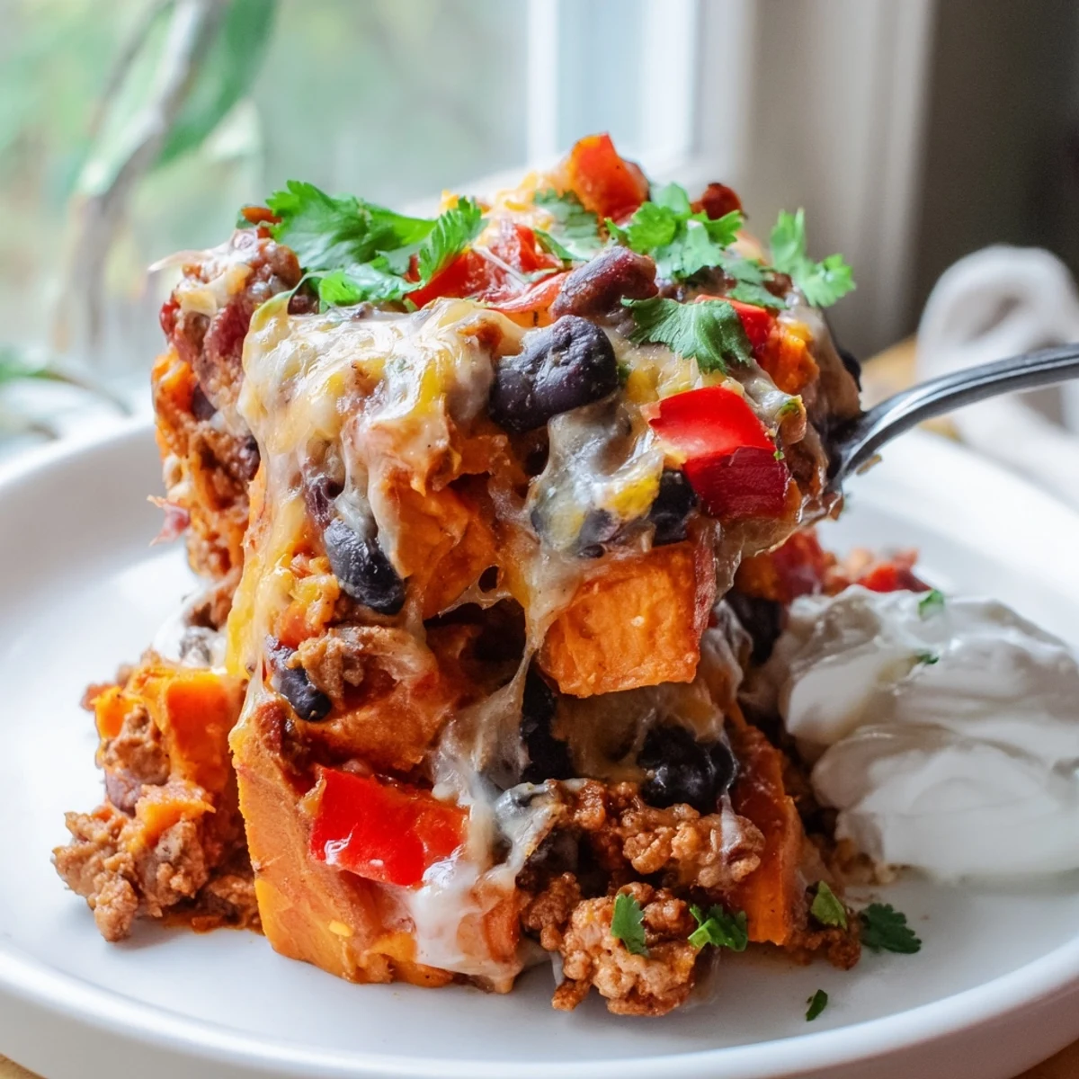 Hearty sweet potato turkey black bean bake casserole with layers of tender vegetables and savory ground turkey