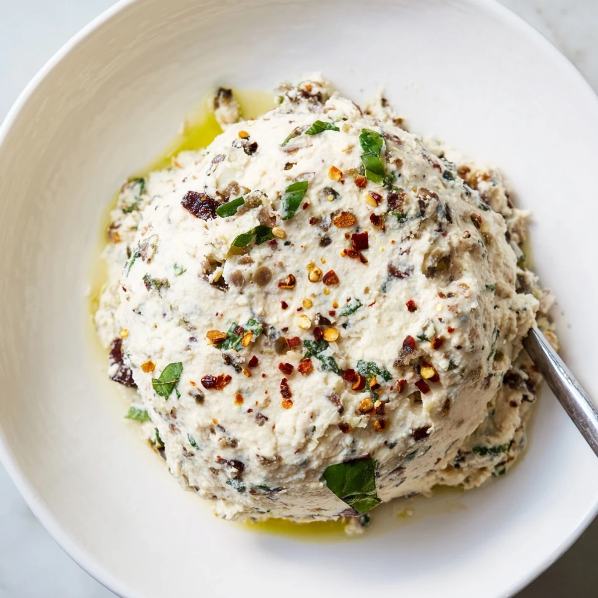 Creamy Italian Style Olive and Cheese Spread served with golden crostini for dipping