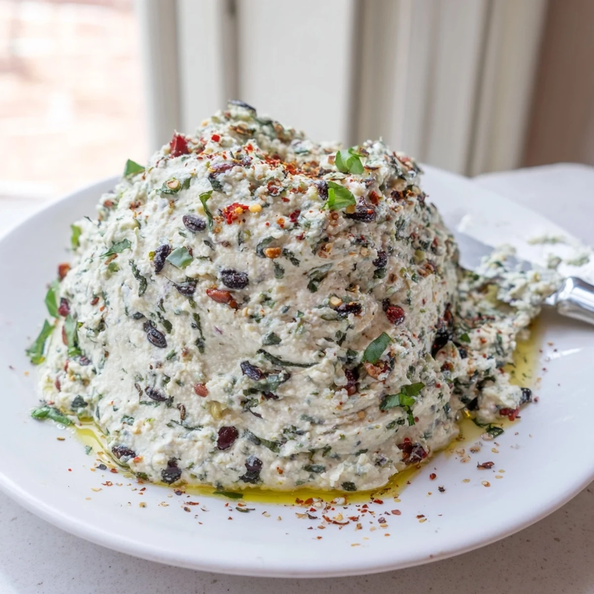 Vibrant green and black olives fleck this creamy Italian Style Olive and Cheese Spread