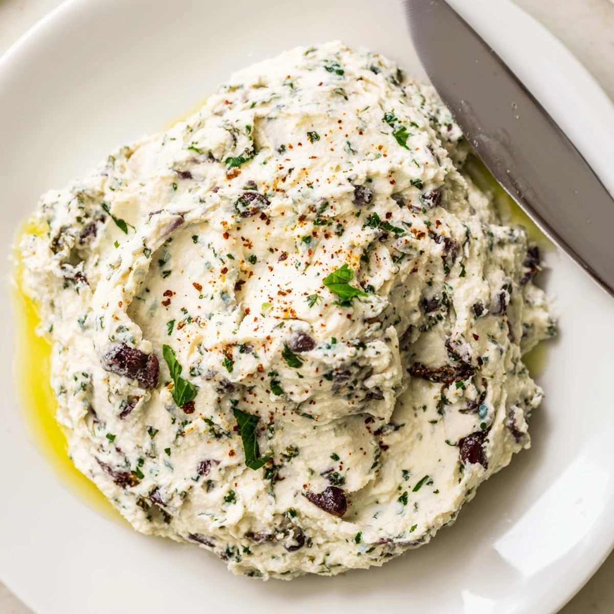 Italian Style Olive and Cheese Spread nestled in a rustic bowl with fresh basil