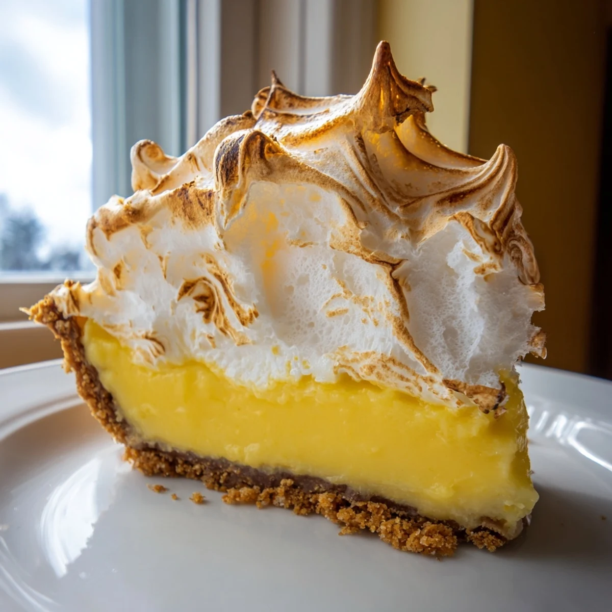 Creamy real lemon pie recipe with golden meringue topping sliced on a rustic plate
