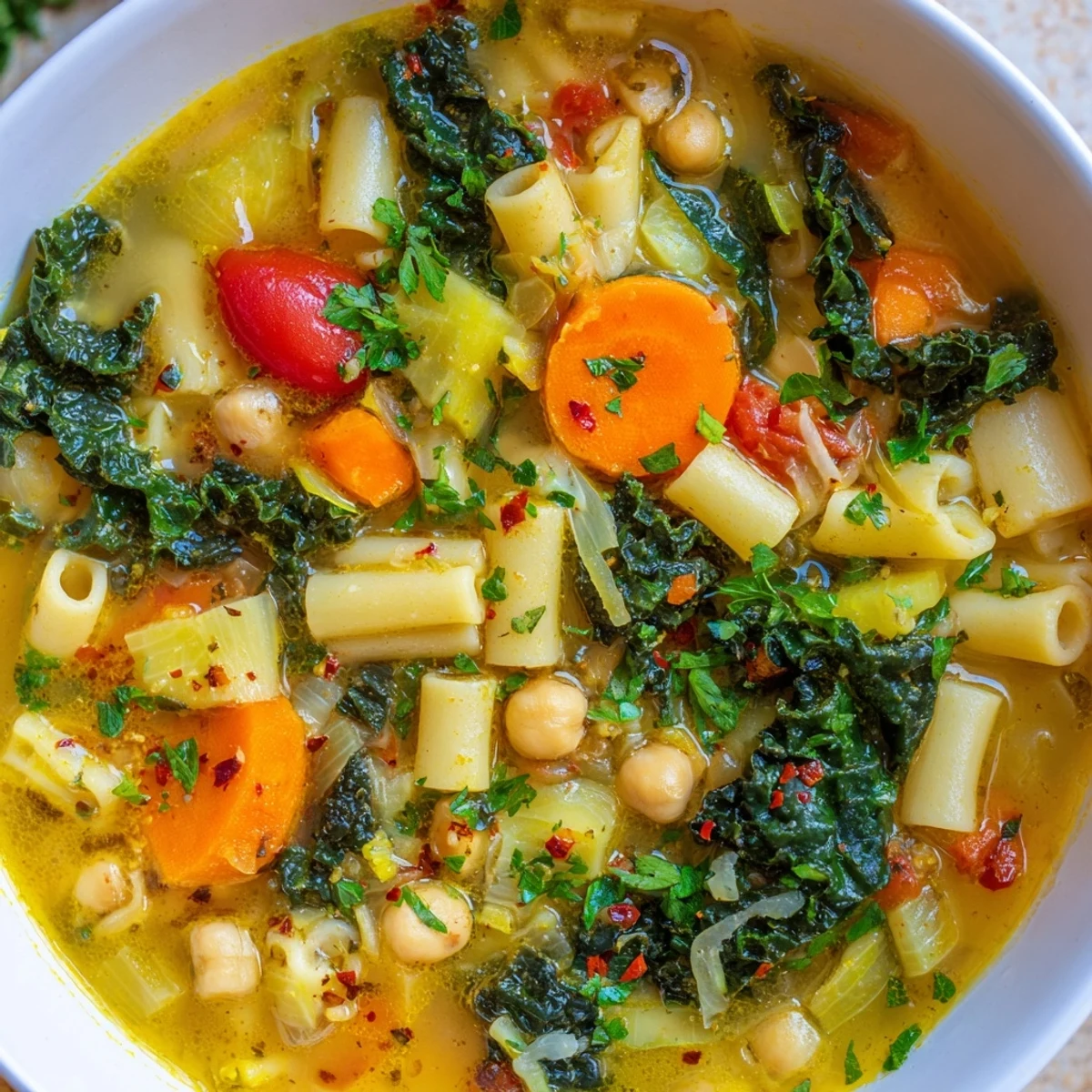 Steaming bowl of Vegan Italian Penicillin Soup topped with fresh parsley and crusty bread