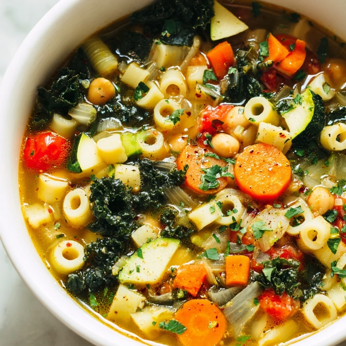 Vibrant Vegan Italian Penicillin Soup brimming with tender vegetables, chickpeas, and golden broth