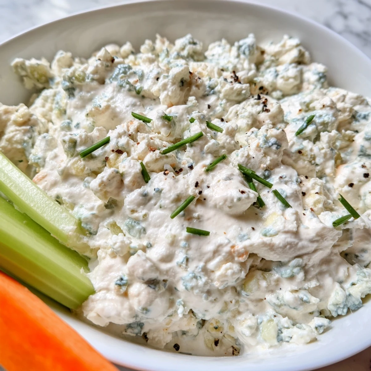 Velvety blue cheese dip garnished with crumbled cheese and herbs beside crunchy crackers