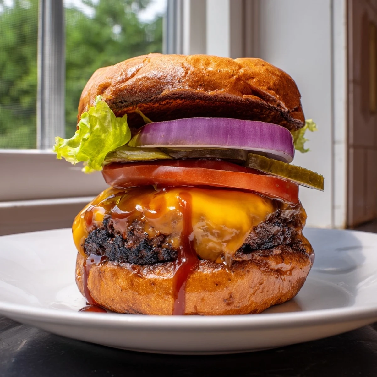 A perfectly grilled Coffee Rub Burger With Smoky BBQ Sauce topped with melted cheddar and crisp onion.