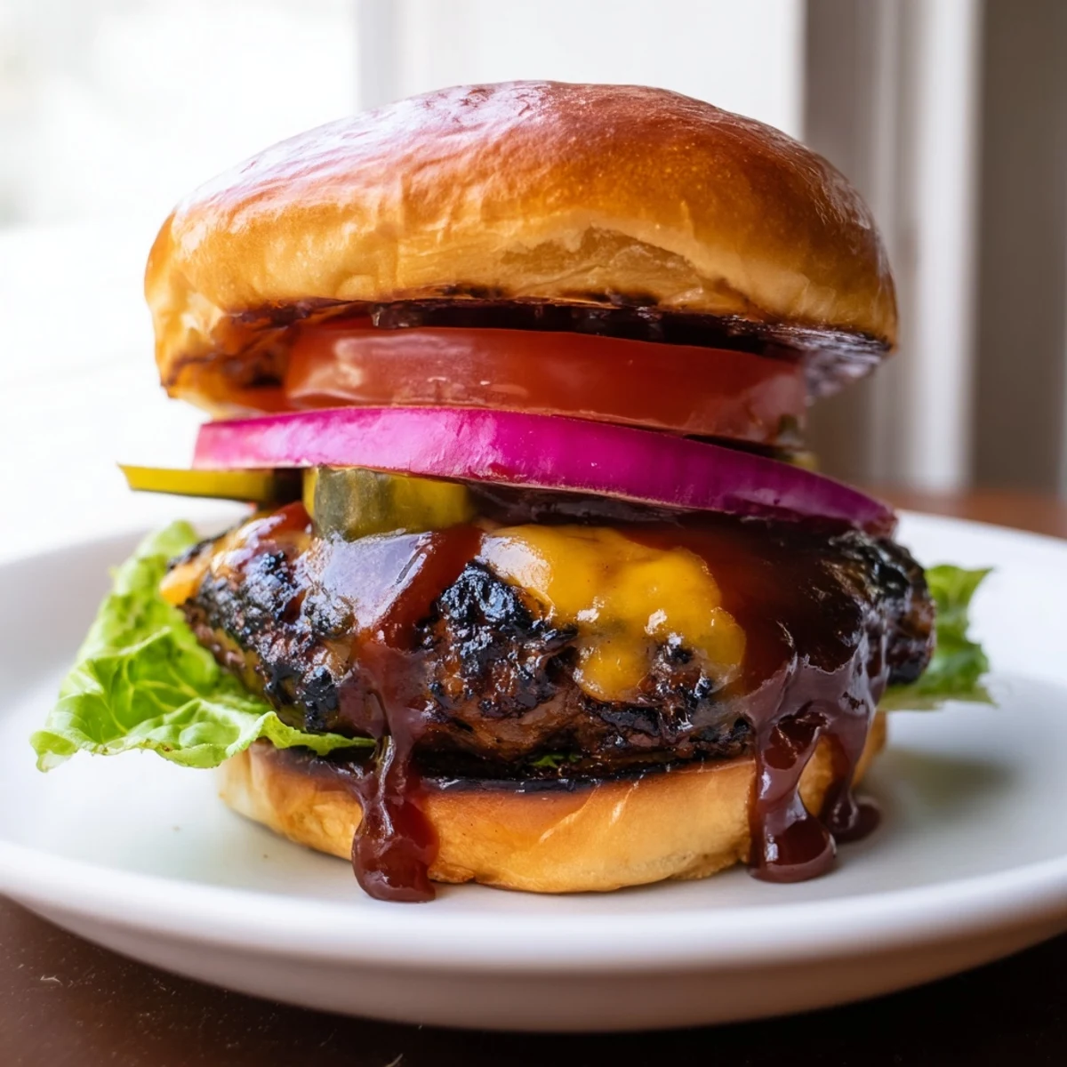Juicy Coffee Rub Burgers With Smoky BBQ Sauce on a toasted bun with lettuce, tomato, and pickles.