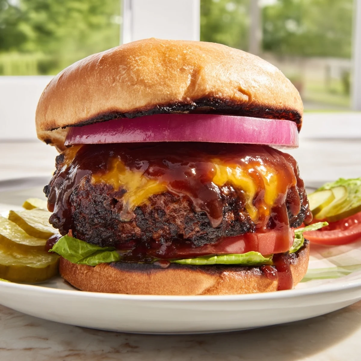 Close-up of Coffee Rub Burgers With Smoky BBQ Sauce served alongside sweet potato fries on a rustic plate.