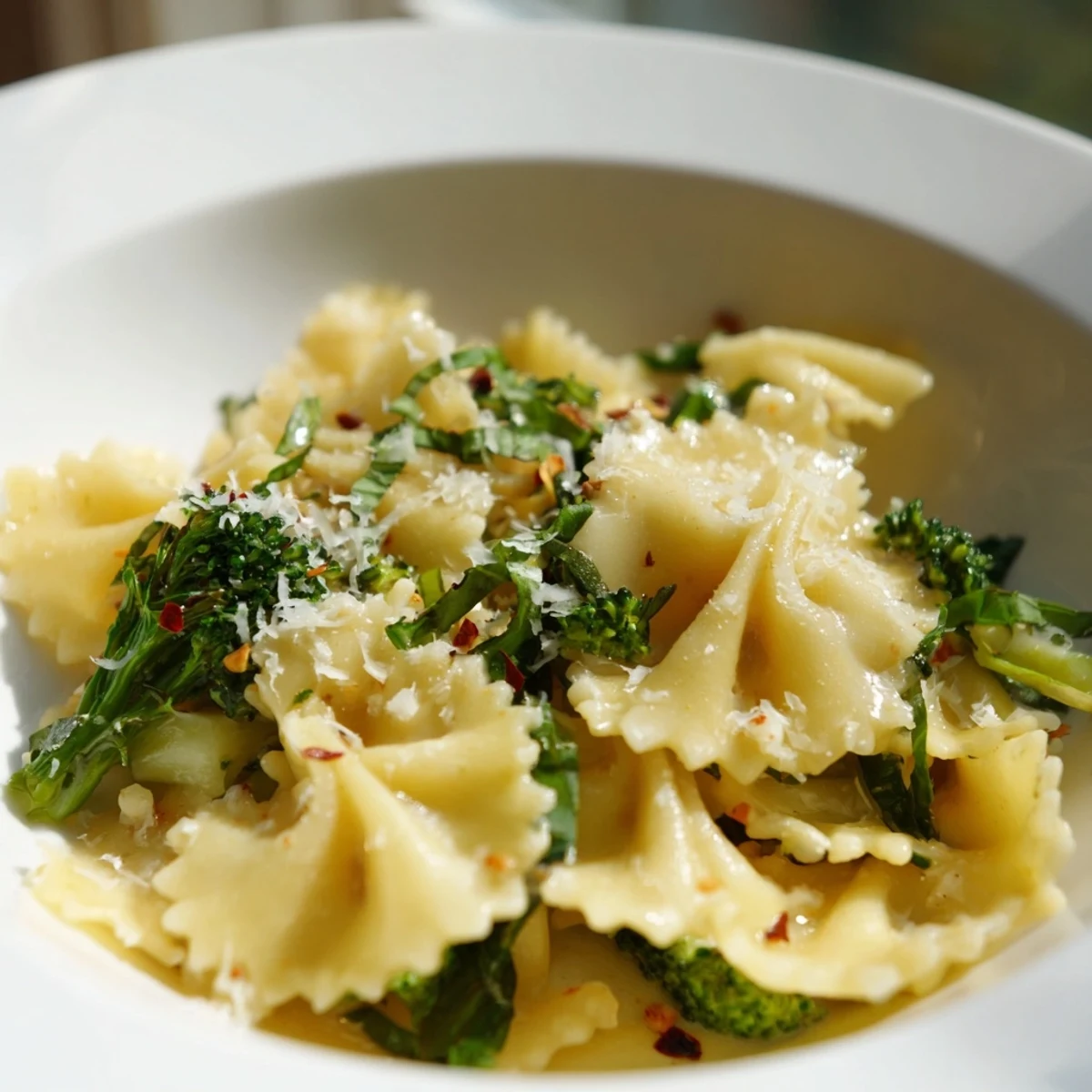 Bright mafaldine limone broccoli pasta tossed in a creamy tangy lemon sauce with fresh basil