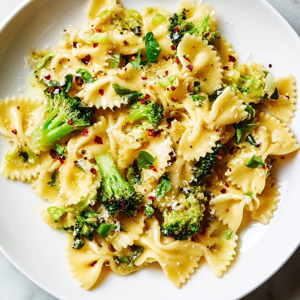 Steaming bowl of mafaldine limone broccoli pasta topped with grated Parmigiano-Reggiano and cracked black pepper