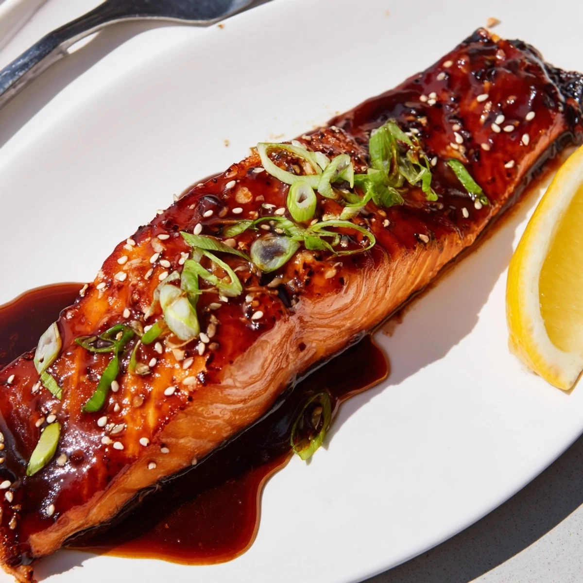 Glistening gluten free teriyaki salmon glazed with a thick, sticky sauce on a baking sheet