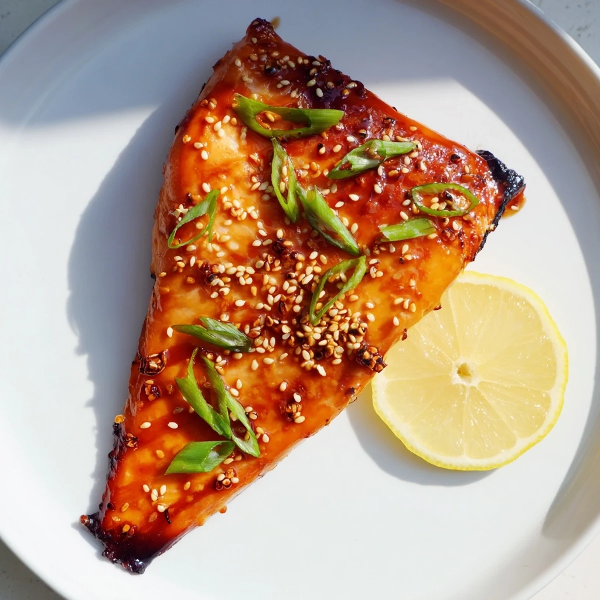 Oven-baked gluten free teriyaki salmon topped with sesame seeds and sliced green onions