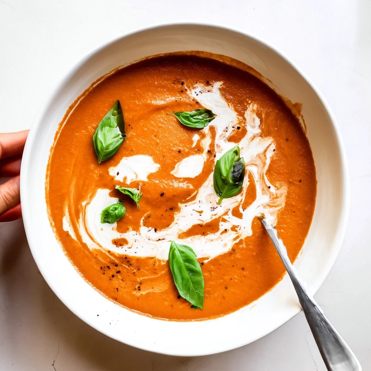 Creamy high protein tomato soup garnished with fresh basil and yogurt swirl
