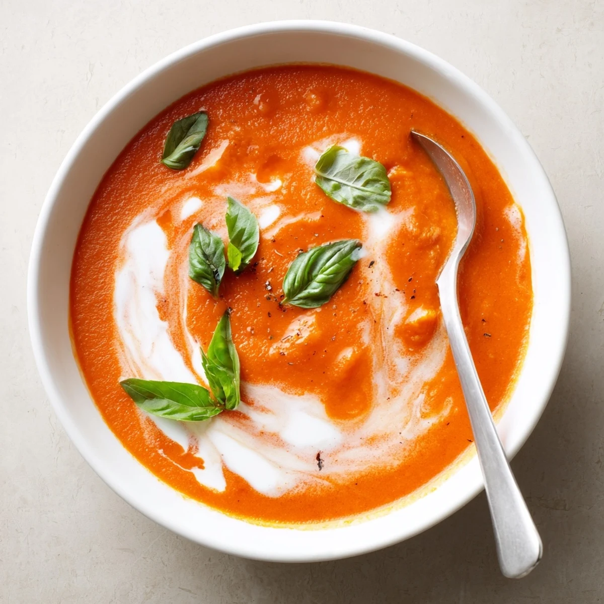 Steaming bowl of high protein tomato soup served with crusty bread alongside