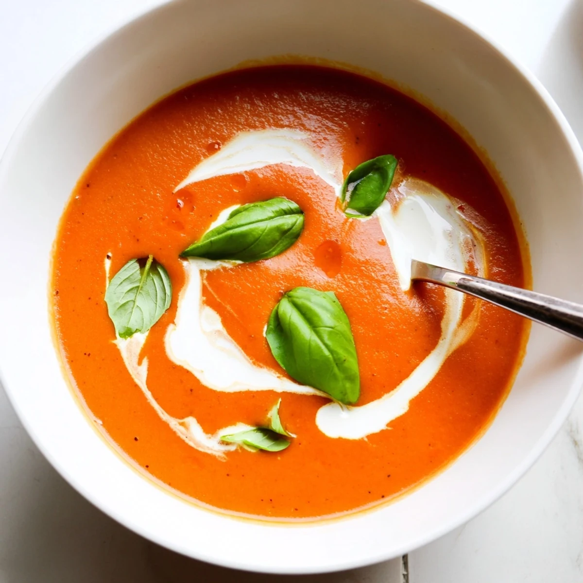 Vibrant red high protein tomato soup topped with a dollop of Greek yogurt