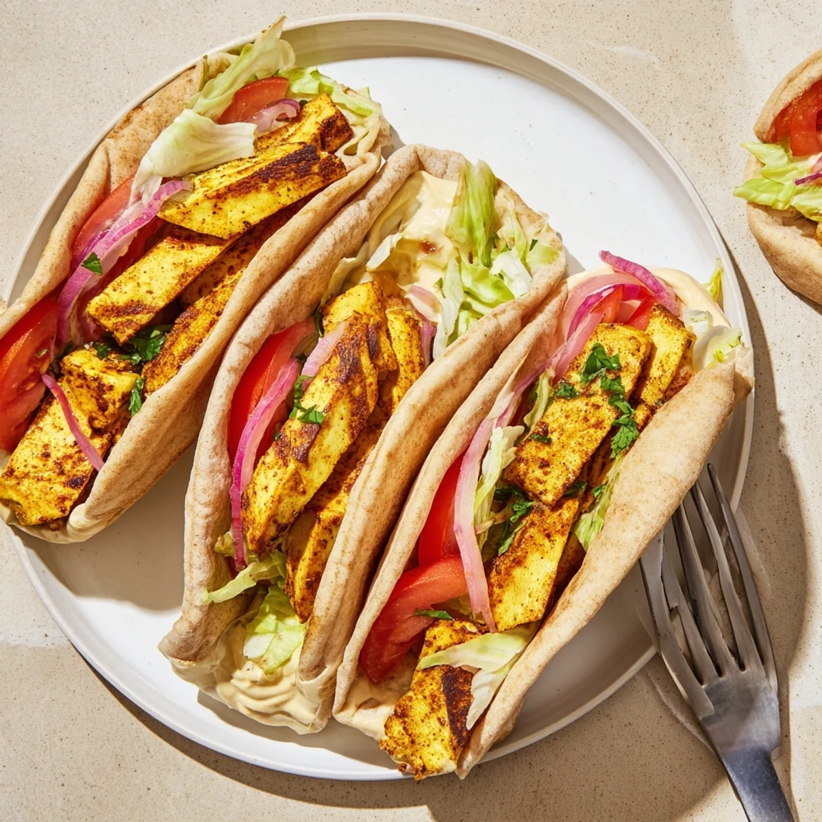 Crispy golden tofu shawarma strips nestled in warm pita with fresh vegetables and creamy tahini drizzle