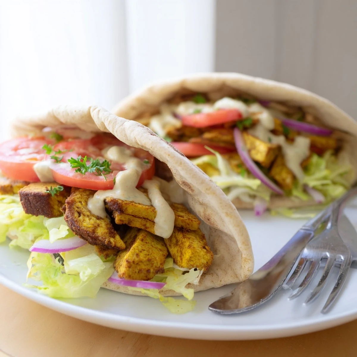 Spiced tofu shawarma sizzling on a grill pan with charred edges and vibrant aromatic seasoning