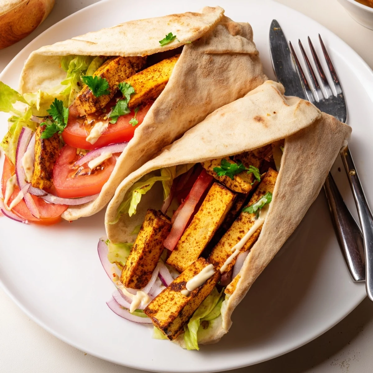 Tofu shawarma wrapped in soft flatbread alongside sliced tomatoes, red onion, and tangy vegan yogurt sauce