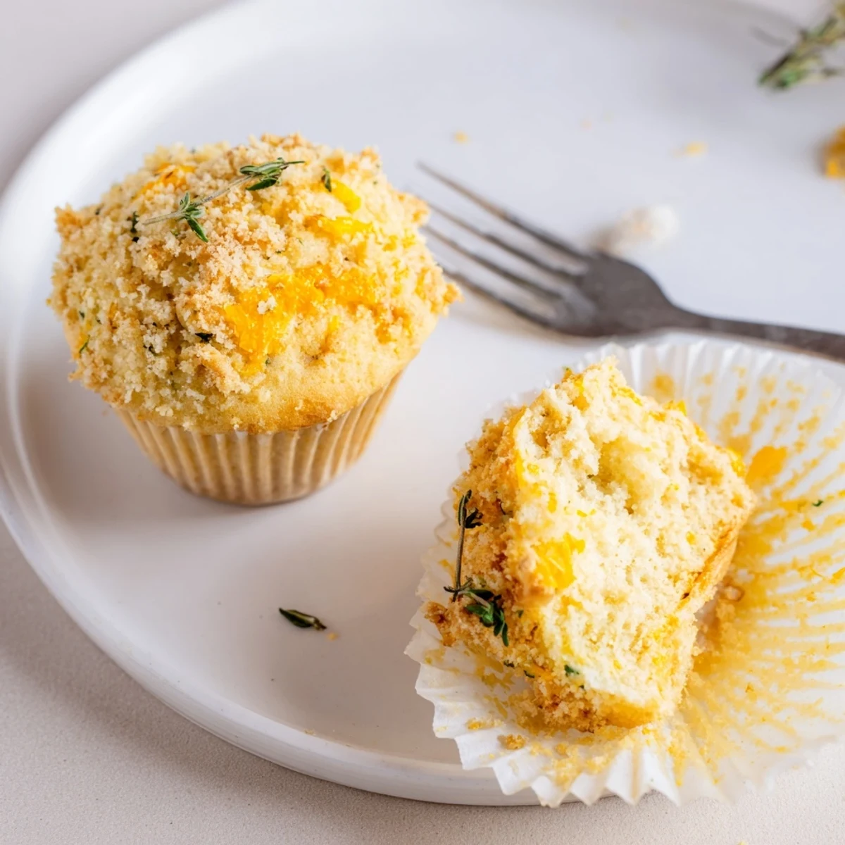 Golden lemon orange honey muffins with thyme crumble fresh from the oven