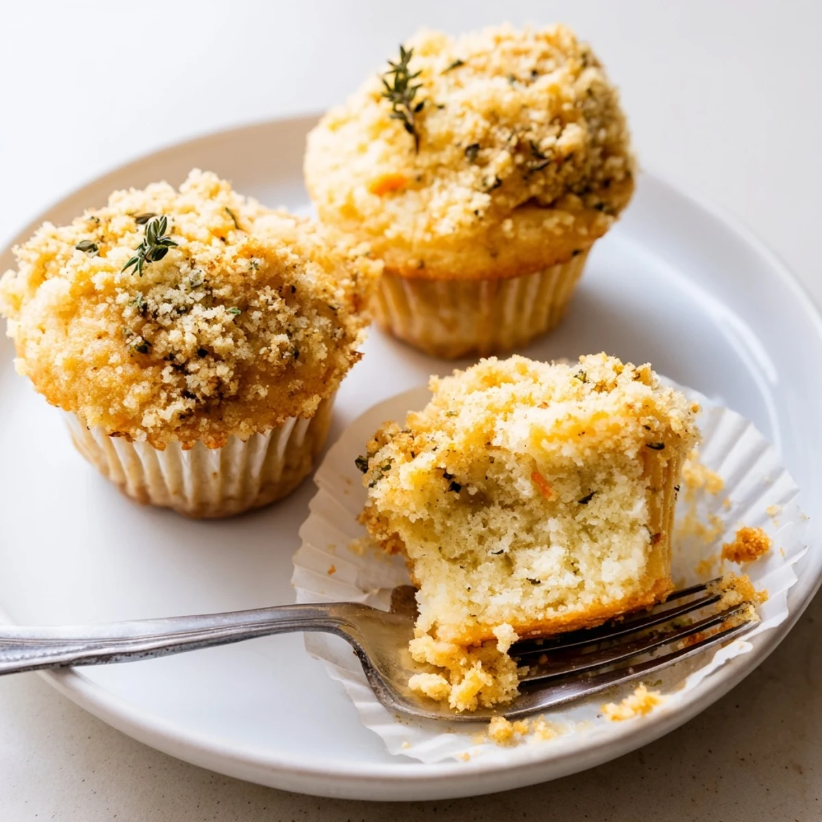 Lemon orange honey muffins topped with fragrant thyme crumble on a cooling rack