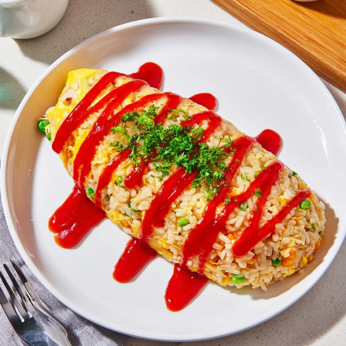 Golden omurice wrapped in a fluffy omelette drizzled with ketchup on a white plate