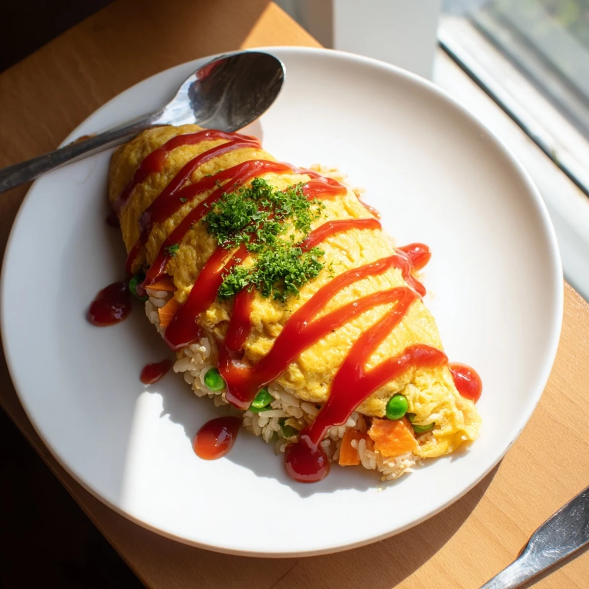 Steaming omurice with tender chicken fried rice nestled inside a silky yellow omelette