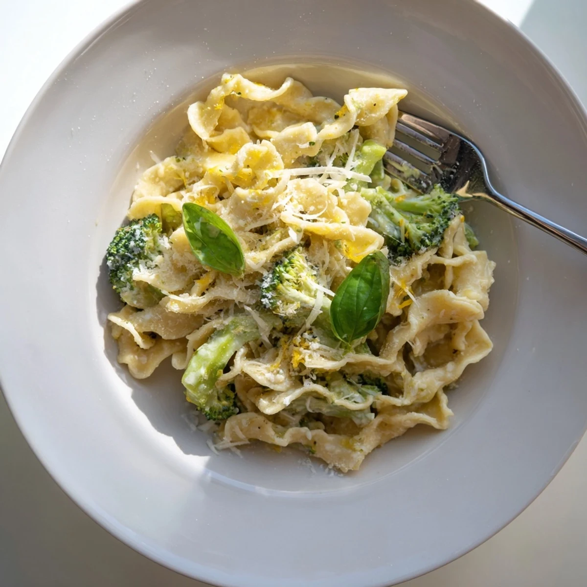 Steaming bowl of Mafaldine Pasta Limone Broccoli coated in silky citrus cream sauce