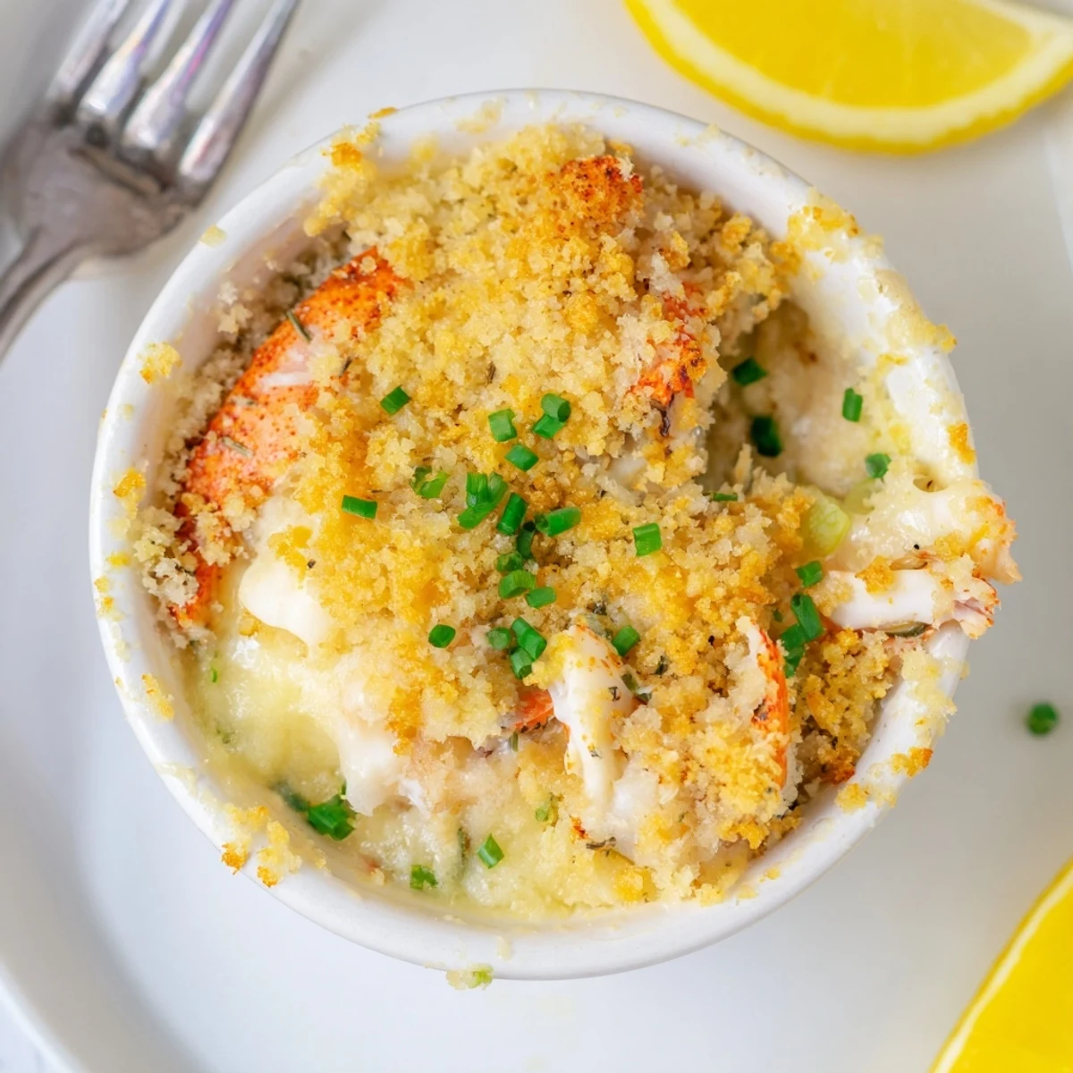 Golden bubbling cheesy jumbo lump crab au gratin fresh from the oven
