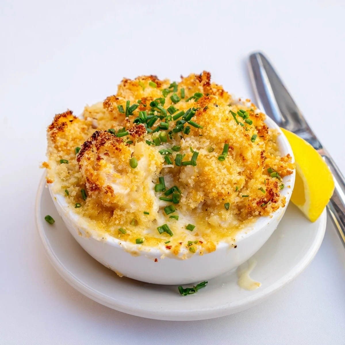 Creamy cheesy jumbo lump crab au gratin topped with crispy golden breadcrumbs