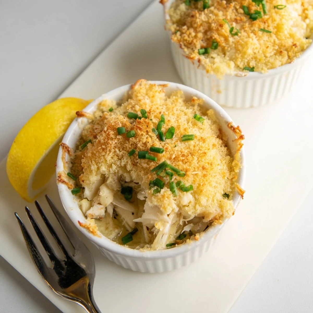 Spoonful of cheesy jumbo lump crab au gratin with melted cheese stretching