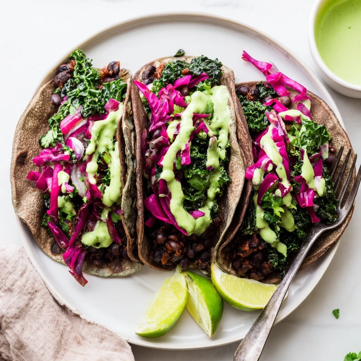 Warm Smoky Black Bean Kale Tacos drizzled with vibrant creamy green sauce on corn tortillas.