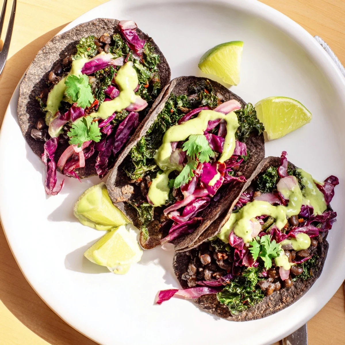 Smoky Black Bean Kale Tacos topped with sautéed greens, red cabbage, and herby avocado sauce.