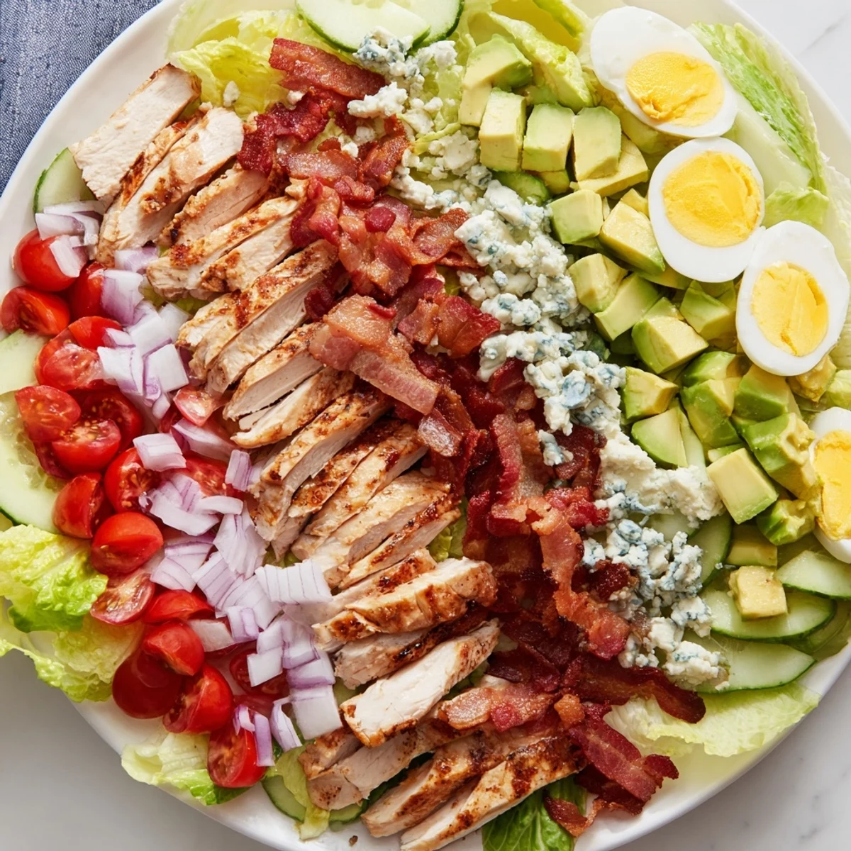 Colorful Cobb salad arranged in neat rows with grilled chicken and bacon on a rustic platter
