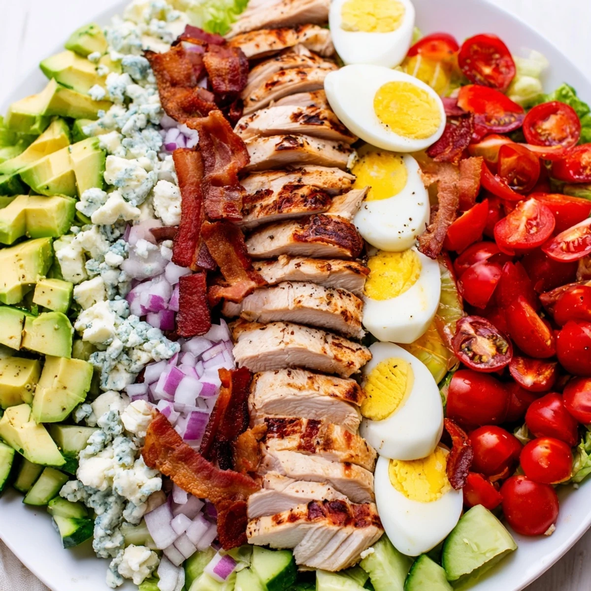 Fresh Cobb salad featuring ripe avocado, crumbled blue cheese, and tangy vinaigrette drizzled on top