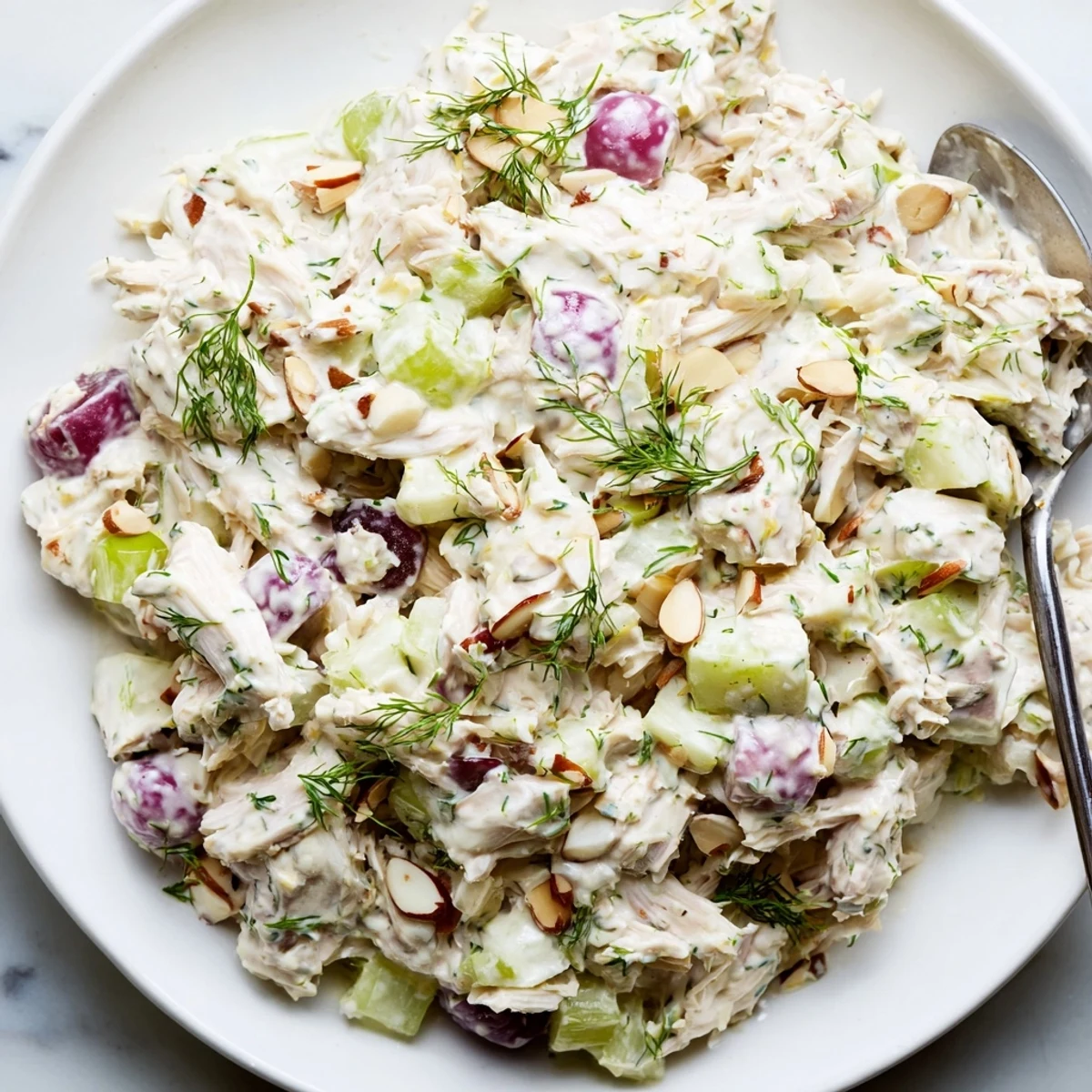 Creamy vegan chicken salad piled on toasted whole grain bread with fresh herbs
