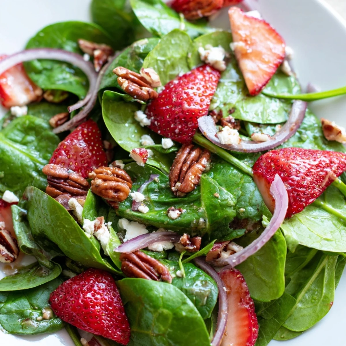 Fresh spinach strawberry salad with pecans drizzled with balsamic vinaigrette in a wooden bowl