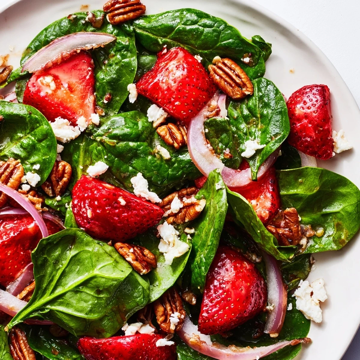 Colorful spinach strawberry salad with pecans tossed with juicy berries and tangy dressing