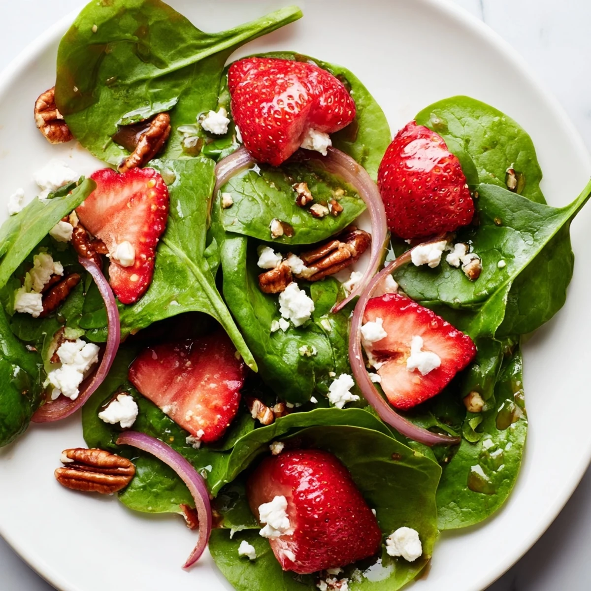 Vibrant spinach strawberry salad with pecans and crumbled goat cheese on a white plate