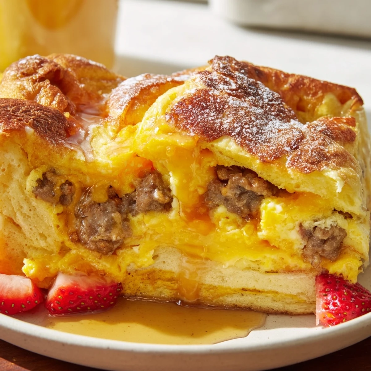 Golden Overnight Pancake Breakfast Bake fresh from the oven with melted cheddar and maple drizzle